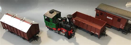 An LGB 0-4-0 steam locomotive 2774, G Gauge, together with track, transformer, two carriages, etc.